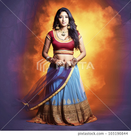 Indian beauty in traditional dress against a fiery studio background, made with generative ai 103190844