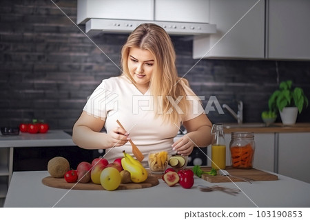 Corpulent blonde girl prepares healthy low calorie snack from fresh fruits in the kitchen, made with generative ai Corpulent blonde girl prepares healthy low calorie snack from fresh fruits in the kitchen, made with generative ai 103190853