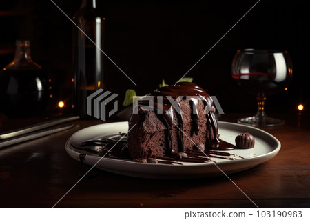 plate of warm chocolate cake drizzled with dark chocolate sauce and paired with sweet wine, created with generative ai plate of warm chocolate cake drizzled with dark chocolate sauce and paired with sweet wine, created with generative ai 103190983