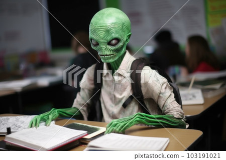 alien student, with books and notes, in classroom full of human students, created with generative ai 103191021