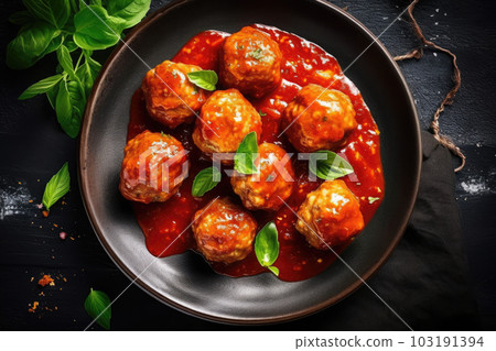 Meatballs in tomato sauce with herbs on wooden table. Ai generative Meatballs in tomato sauce with herbs on wooden table. Ai generative 103191394
