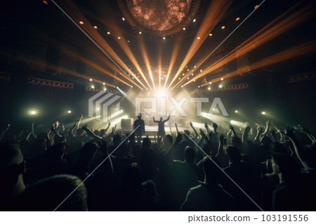high-energy concert with energetic audience and strobe lights for album cover, created with generative ai 103191556