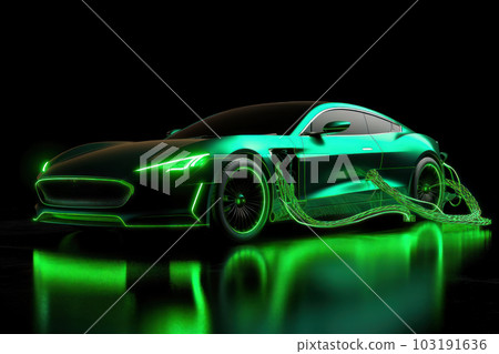 Charging electric sports car of green color. E-Mobility and ecology. Charging electric sports car of green color. E-Mobility and ecology. 103191636