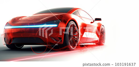 E-mobile in red colour charges batteries wirelessly. Electromobility and ecology. The concept of wireless battery charging E-mobile in red colour charges batteries wirelessly. Electromobility and ecology. The concept of wireless battery charging 103191637