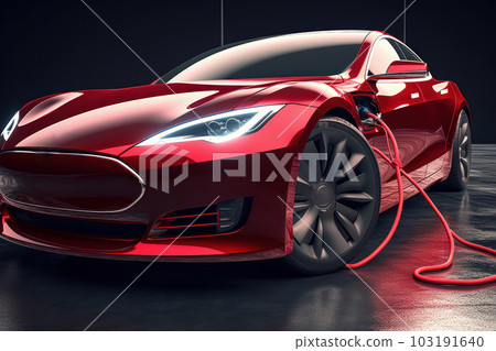 Charging electric sports car in red colour. E-Mobility and ecology. Charging electric sports car in red colour. E-Mobility and ecology. 103191640