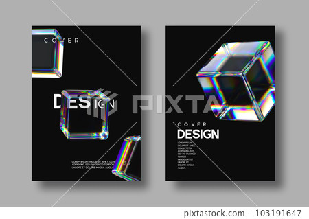Set of brochures, flyers, posters, cover design. Abstract 3d transparent glossy cubes with dispersion effect on black background. Rainbow colors reflection glass. Vector illustration. Set of brochures, flyers, posters, cover design. Abstract 3d transparent glossy cubes with dispersion effect on black background. Rainbow colors reflection glass. Vector illustration. 103191647