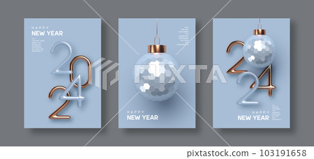 2024 New Year greeting cards, flyers, posters. 3d metallic golden or copper with blue numbers and glossy ball on blue background. Gold realistic 2024. Vector illustration. 2024 New Year greeting cards, flyers, posters. 3d metallic golden or copper with blue numbers and glossy ball on blue background. Gold realistic 2024. Vector illustration. 103191658