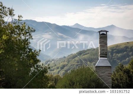 chimney surrounded by serene mountain landscape, created with generative ai 103191752