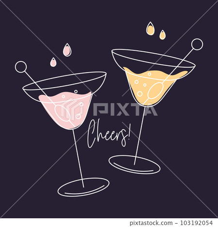 Two martini cocktails with olives and the word Cheers. Drink icon, holiday illustration, vector 103192054