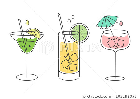 A set of linear drawings of refreshing fruit cocktails with different drinks, ice cubes, straws and umbrellas. Drinks icons, cafe menu, vector 103192055