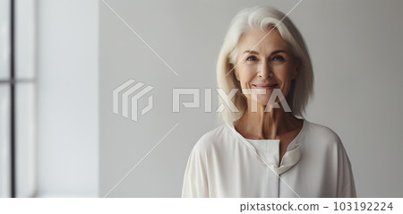 Elderly woman wearing a black and white outfit in a minimalist living room - generative AI, AI generated Elderly woman wearing a black and white outfit in a minimalist living room - generative AI, AI generated 103192224