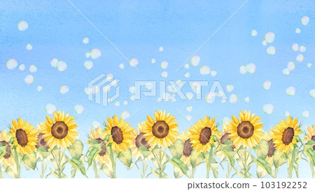 Sunflower field and soap bubble watercolor background blue sky illustration Sunflower field and soap bubble watercolor background blue sky illustration 103192252