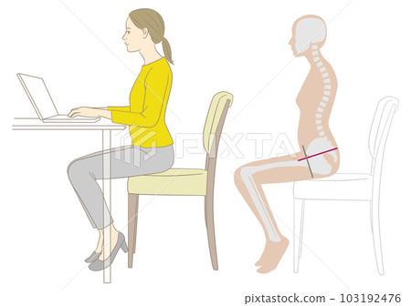 在腰部彎曲的辦公桌前工作的女人和骷髏 在腰部彎曲的辦公桌前工作的女人和骷髏 103192476