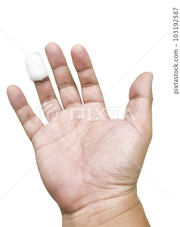 Male hand with injured ring finger isolated on white background Male hand with injured ring finger isolated on white background 103192587