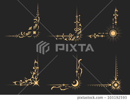 Mystical corners and frame borders in tarot style, magic banners and astrology decor, esoteric vignettes, vector 103192593
