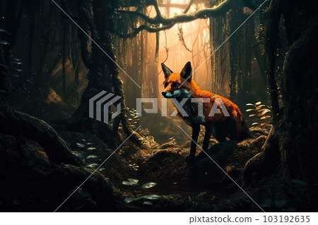 Image of red fox in the forest. Wildlife Animals. Illustration. Generative AI. 103192635