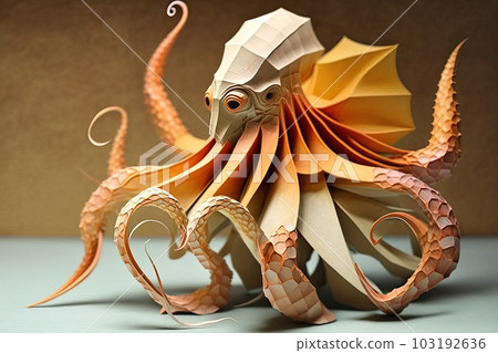 Image of paper origami art. Handmade paper octopus. Underwater Animals. illustration, generative AI 103192636