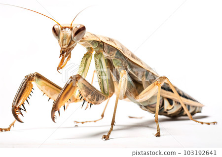 Image of brown giant praying mantis on white background. Insect. Animals. Illustration, Generative AI. Image of brown giant praying mantis on white background. Insect. Animals. Illustration, Generative AI. 103192641