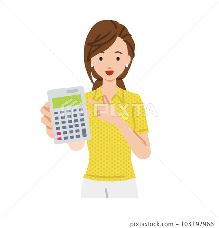 A woman in a polo shirt standing and pointing at a calculator A woman in a polo shirt standing and pointing at a calculator 103192966