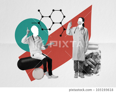 Doctors, scientists working on developments new meds, pills. Prevention of illness, treatment of hard virus diseases. Contemporary art collage. 103193618