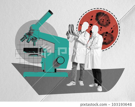 Doctors looking at x-ray of human body, lungs. Cells and viruses check in laboratory. Contemporary art collage. 103193648