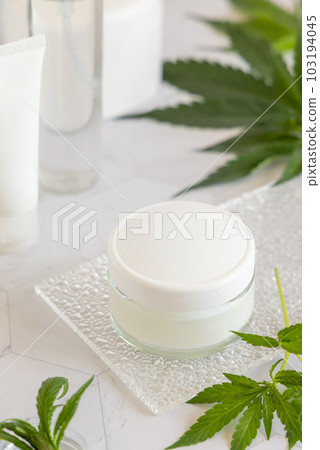 White cream jar with a blank lid near cannabis sativa leaves. Cosmetic Mockup White cream jar with a blank lid near cannabis sativa leaves. Cosmetic Mockup 103194045