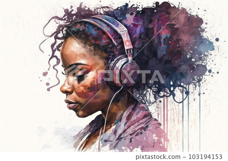 Black girl listens music with headphones, portrait of modern teenager, illustration, generative AI Black girl listens music with headphones, portrait of modern teenager, illustration, generative AI 103194153