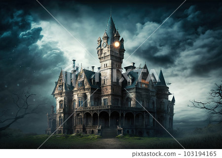 Haunted Gothic castle at night, old spooky mansion under dramatic sky, generative AI. 103194165