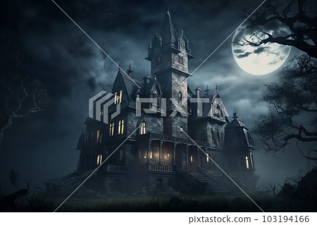 Haunted Gothic castle at night, old spooky mansion un full moon, generative AI. 103194166