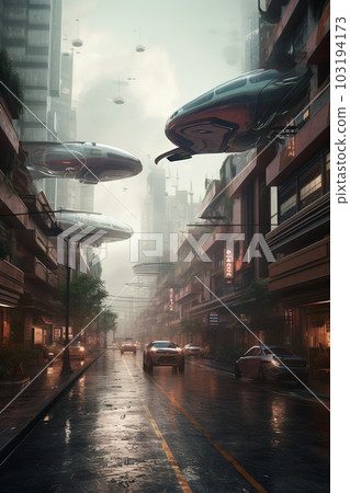 Futuristic city street, cars driving on cyberpunk urban road, generative AI 103194173