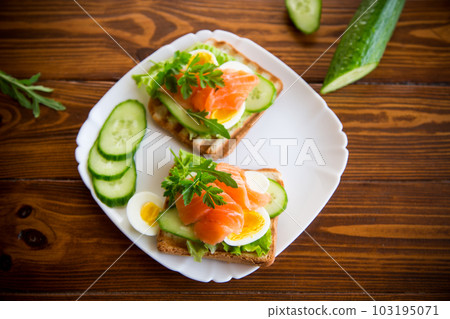 fried toast with lettuce, egg, cucumbers and red fish in a plate. 103195071