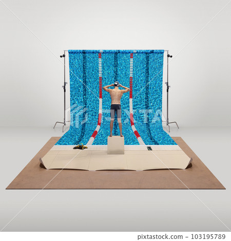 Man, professional swimming athlete diving into water, swimming pool. Development of speed and endurance. Creative collage. Man, professional swimming athlete diving into water, swimming pool. Development of speed and endurance. Creative collage. 103195789