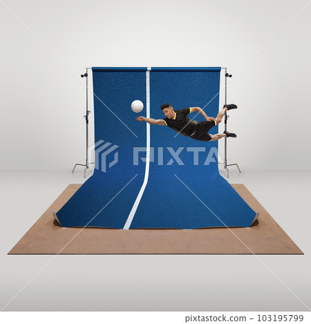 Muscular man, professional volleyball player in motion during game, training, playing, hitting ball in a jump. Creative collage. 103195799