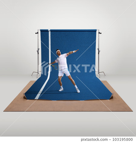 Man, professional tennis player in white uniform training, hitting ball with tennis racket. Creative collage. Man, professional tennis player in white uniform training, hitting ball with tennis racket. Creative collage. 103195800