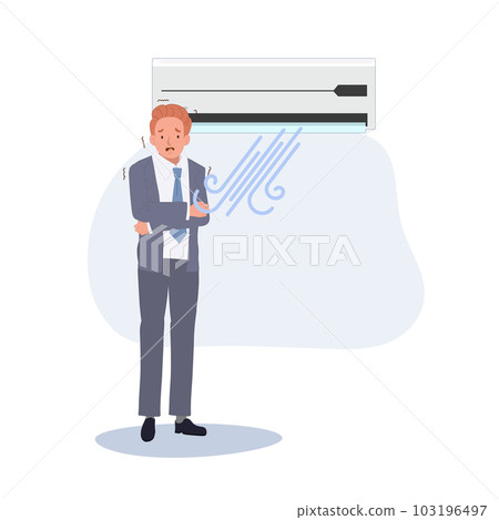 The air conditioning is too cold. Businessman shivering in cool air conditioner. Flat vector cartoon illustration The air conditioning is too cold. Businessman shivering in cool air conditioner. Flat vector cartoon illustration 103196497