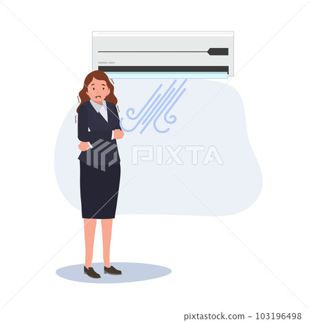 The air conditioning is too cold. Businesswoman shivering in cool air conditioner. Flat vector cartoon illustration The air conditioning is too cold. Businesswoman shivering in cool air conditioner. Flat vector cartoon illustration 103196498