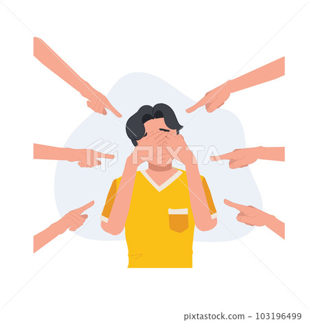 abuse or bullying concept. hands pointing and blaming at depressed man. violence victim bully and social. Flat vector cartoon illustration abuse or bullying concept. hands pointing and blaming at depressed man. violence victim bully and social. Flat vector cartoon illustration 103196499