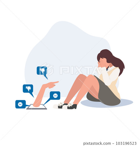 Depressed lonely young student woman, a victim of Internet bullying, is sitting in front of a phone, covering her face with her hands.Victim of mass media, cyber-bullying, online violence 103196523