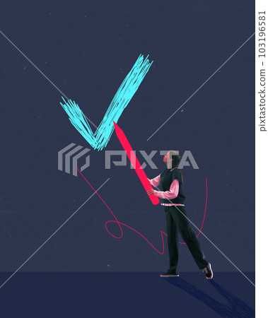 Contemporary art collage with business woman, project manager holding huge pencil and writing check mark over dark mode background 103196581