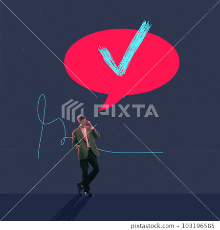 Contemporary art collage with business man, office manager talking via smartphone near speech bubble with check mark inside or dark mode background 103196585