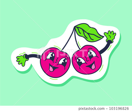 Cherry sticker. Retro cartoon vector illustration of two smiling cherries on a branch. Isolated on bright green background. 103196826