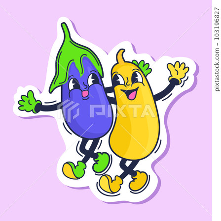 Eggplant and zucchini. Retro cartoon sticker isolated on light lilac background. 103196827