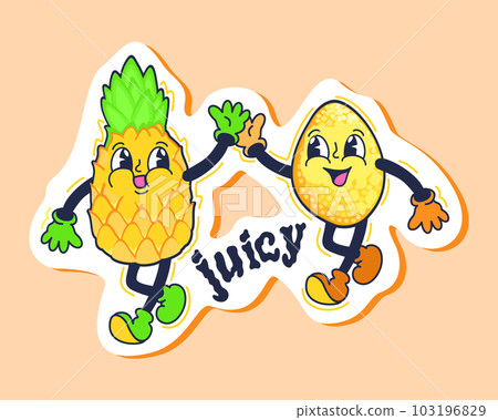 Pineapple and lemon. Retro cartoon vector sticker isolated on light orange background. Pineapple and lemon. Retro cartoon vector sticker isolated on light orange background. 103196829