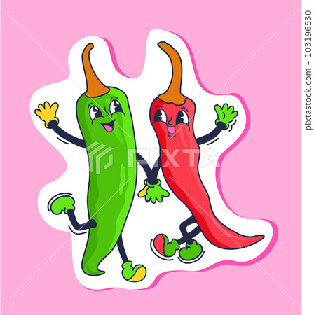 Red hot peppers. Retro cartoon vector sticker isolated on bright pink background. Red hot peppers. Retro cartoon vector sticker isolated on bright pink background. 103196830