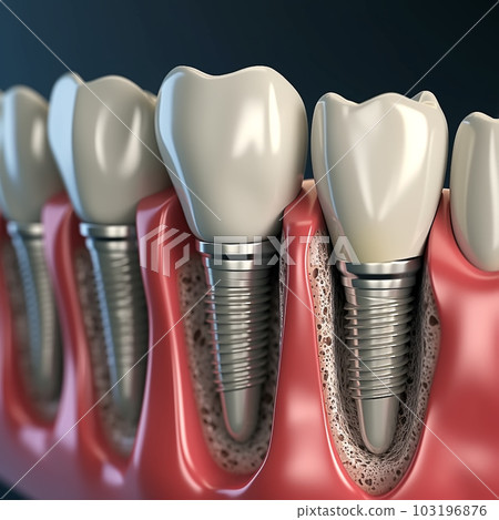 Anatomy of healthy teeth and tooth dental implant in human dentura. 3d illustration 103196876