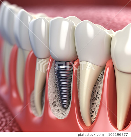 Anatomy of healthy teeth and tooth dental implant in human dentura. 3d illustration 103196877