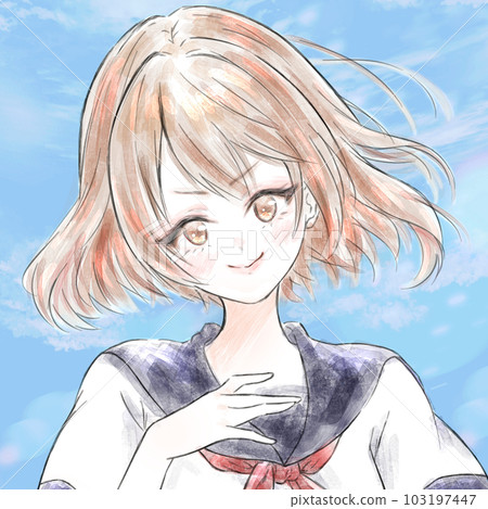 Color version of a serious girl student illustration, blue sky background, single person, watercolor touch, trimming 103197447