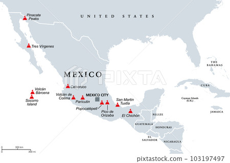 Trans-Mexican Volcanic Belt, map with the major active volcanoes of Mexico. Also known as Transvolcanic Belt and locally as Sierra Nevada. Active volcanic belt, that covers central-southern Mexico. 103197497