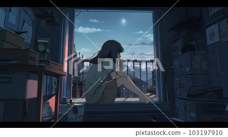 Girl looking at the beautiful night sky from the bedroom window (AI-generated image) Girl looking at the beautiful night sky from the bedroom window (AI-generated image) 103197910