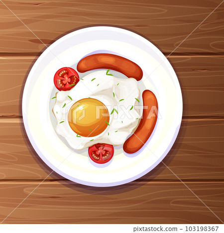 Egg and tomatos fried on plate, kitchen wooden table top view decorated with tablecloth in cartoon style. Morning food Egg and tomatos fried on plate, kitchen wooden table top view decorated with tablecloth in cartoon style. Morning food 103198367
